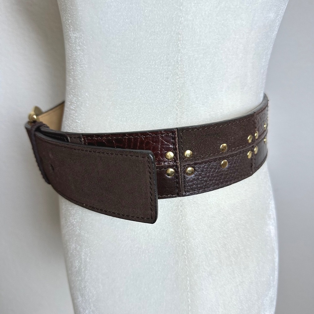 Michael Kors Brown Leather Suede Patchwork Studded Waist Belt Gold Buckle Small - Picture 5 of 10